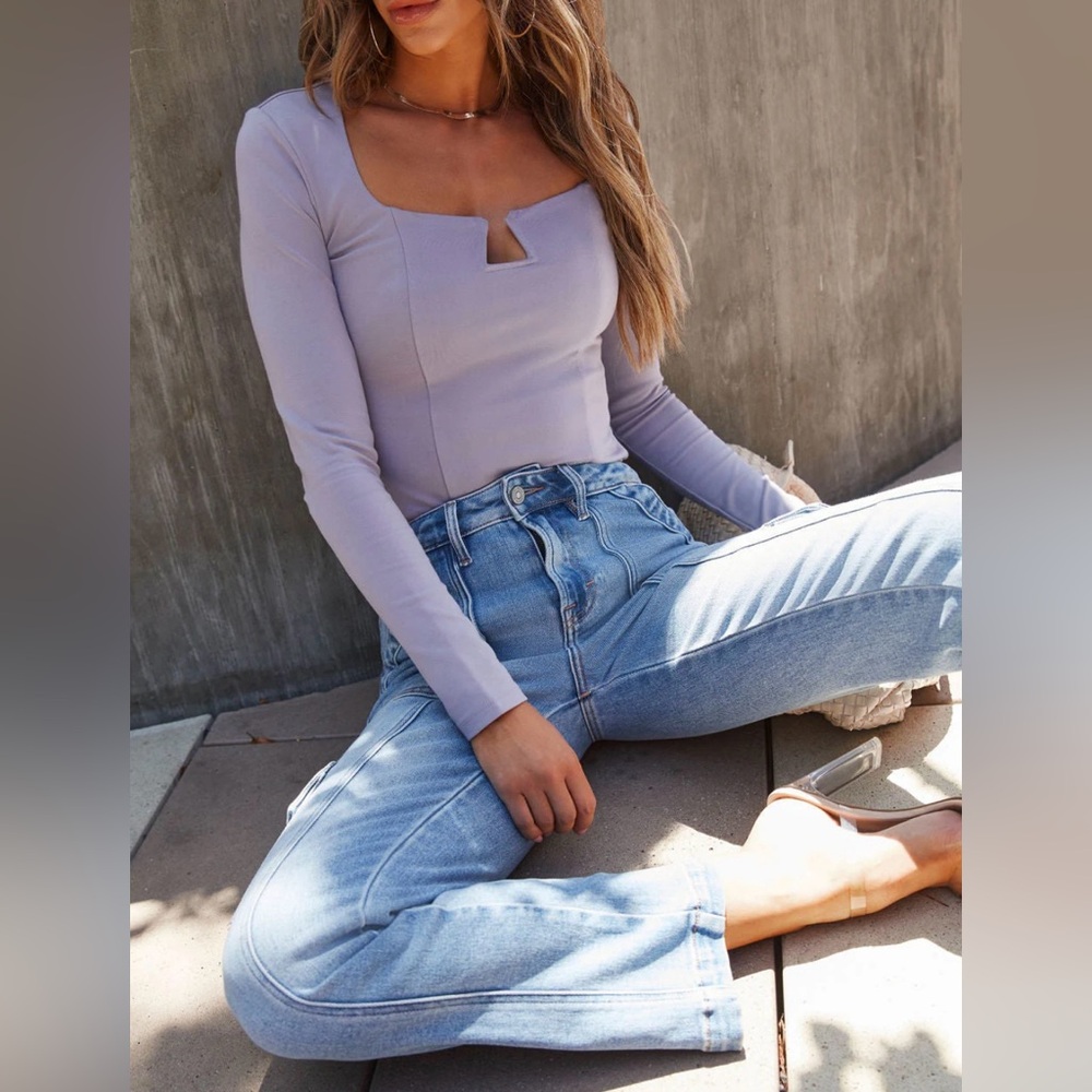 OLIA Grey Notched Neck Long Sleeve Bodysuit